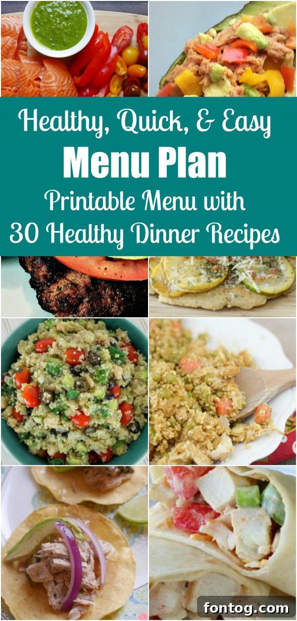 June Healthy Menu Plan with a vertical layout featuring fresh ingredients and meal ideas.