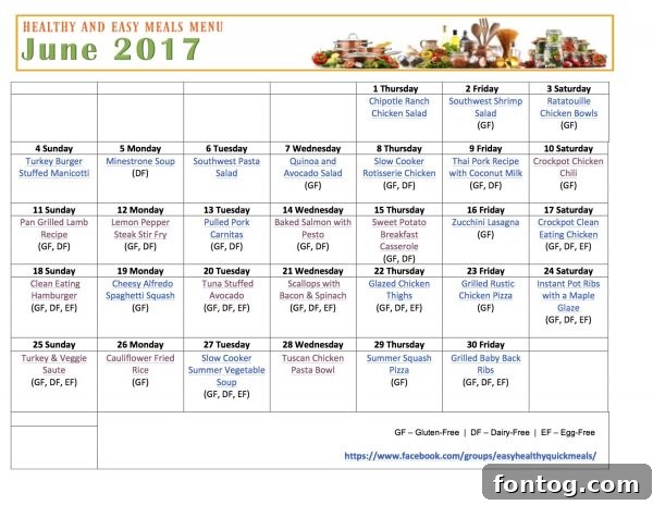 Printable June Meal Plan featuring a weekly layout of healthy recipes.