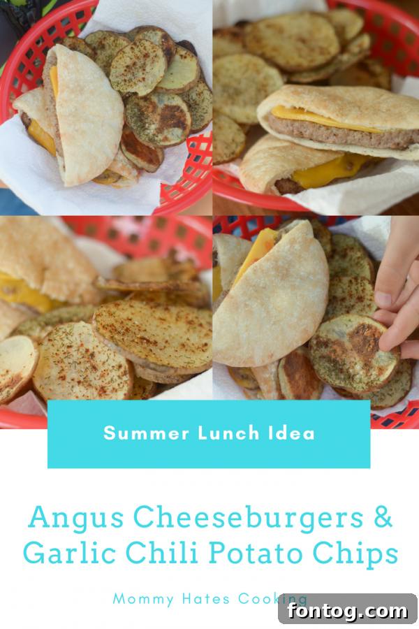 Delicious Angus Cheeseburgers and crispy Homemade Garlic Chili Potato Chips