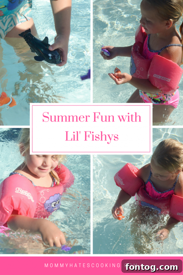 Family enjoying summer pool time with Lil' Fishys motorized toys
