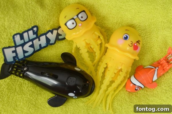 A child observing a motorized Lil' Fishys whale toy in the water