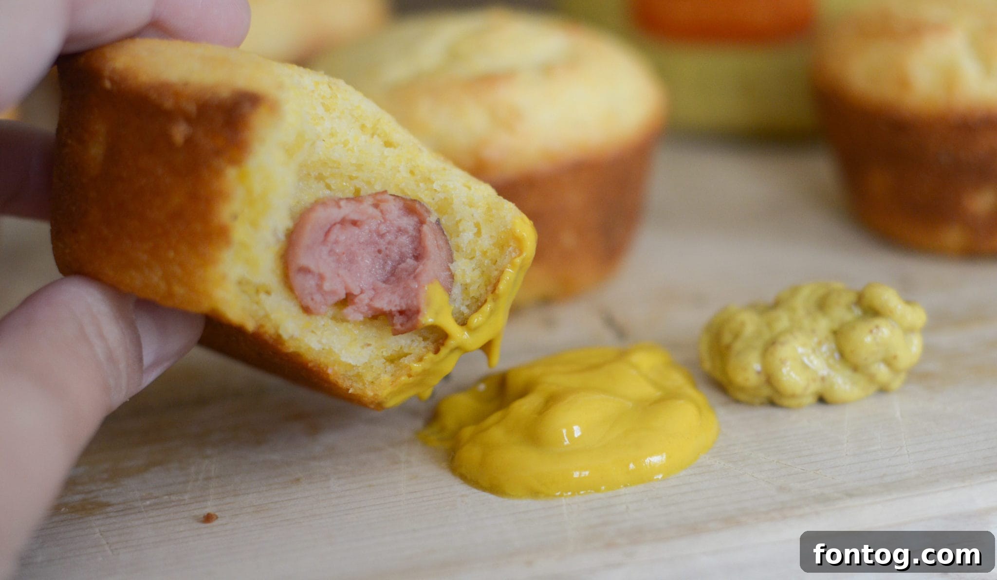 A plate of Corn Dog Muffins with dipping sauces on the side.