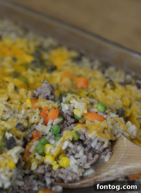 Hearty Beef and Rice Bake 3 Close-up of baked Cheesy Beef & Rice Casserole with vibrant vegetables and golden cheese.