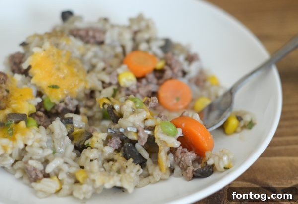Hearty Beef and Rice Bake 5 Casserole ingredients layered neatly in a baking dish before baking.