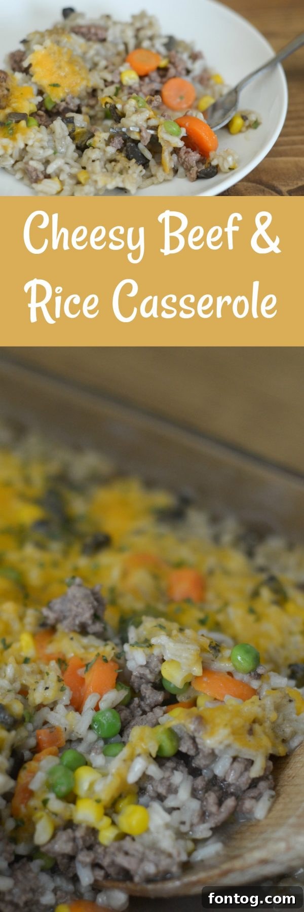 Pinterest graphic for Cheesy Beef & Rice Casserole recipe, showing the finished dish.