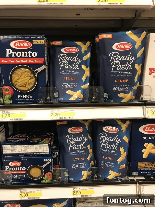 Ingredients for a quick and easy pasta bowl, including Barilla Ready Pasta.