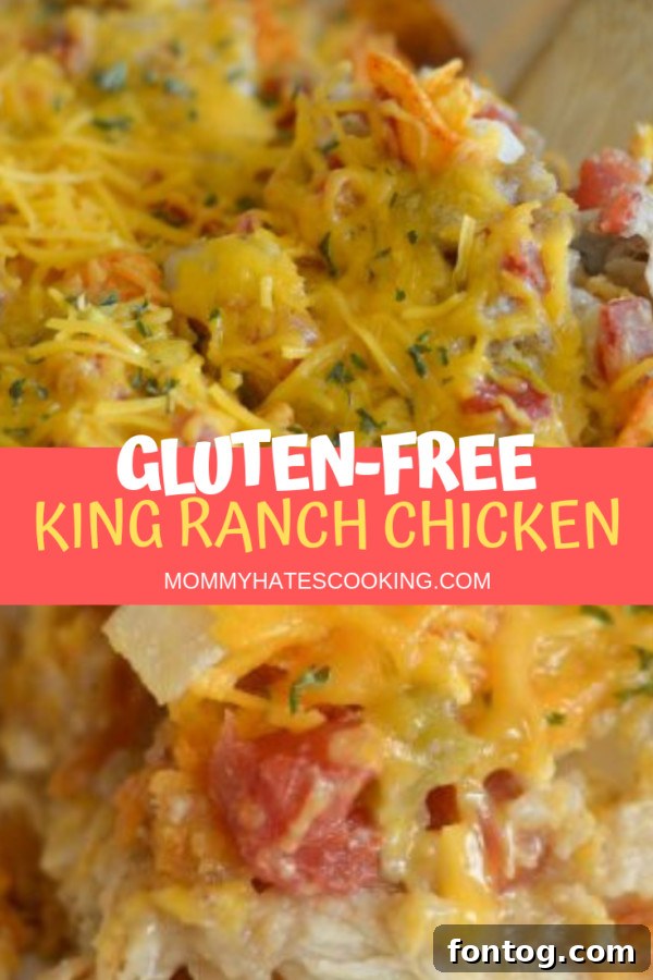 A large tray of baked Gluten-Free King Ranch Chicken Casserole ready to be served