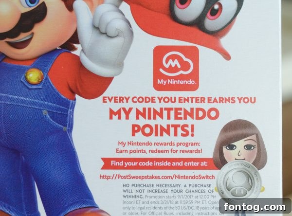 Close-up of a Post Cereal box featuring the Nintendo Switch Super Mario Odyssey giveaway
