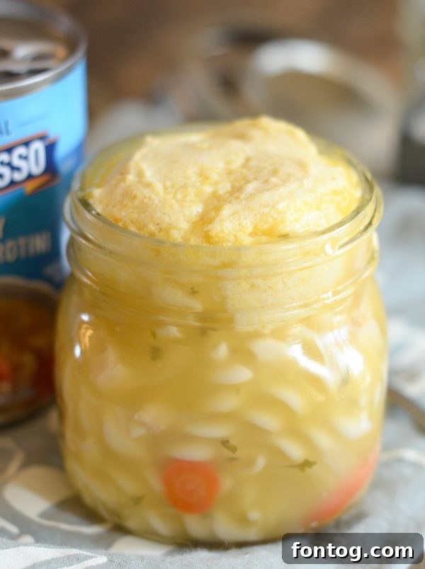 Delicious Cornbread Topped Soup in a Jar ready for a hearty meal