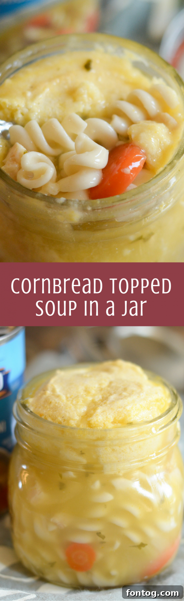 Pinterest graphic: Cornbread Topped Soup in a Jar - Easy On-the-Go Meal