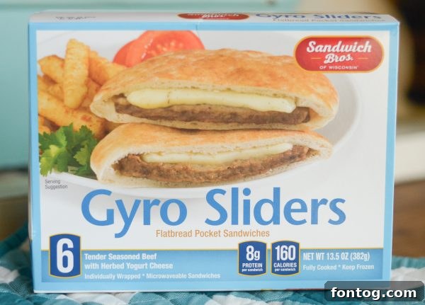 Close-up of a plate with golden-brown Roasted Greek Potatoes and a mini Gyro Slider, highlighting a quick weeknight meal idea