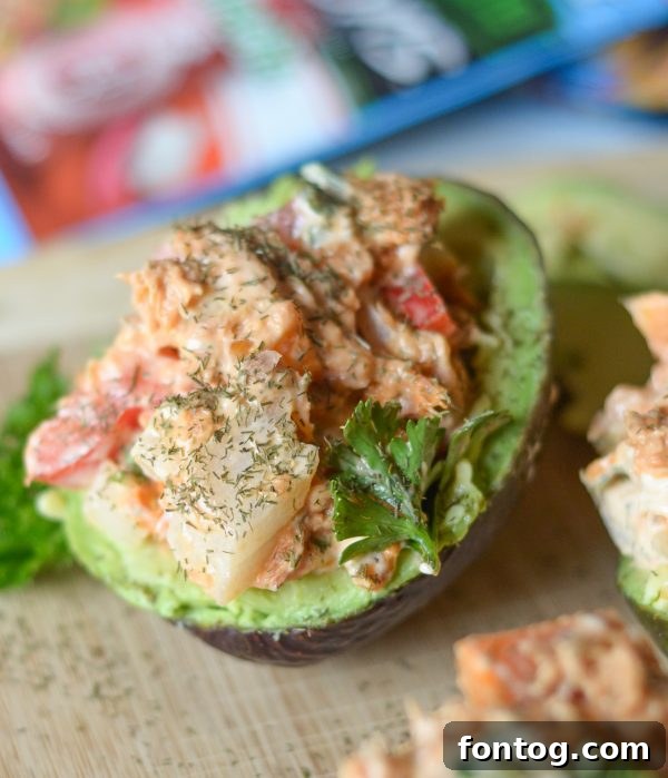 Tuna stuffed avocado ready to serve