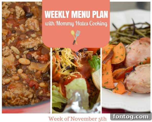 A delicious array of cozy autumn meals for a weekly menu plan, featuring hearty chilis, comforting soups, and savory mains, perfect for the November season.