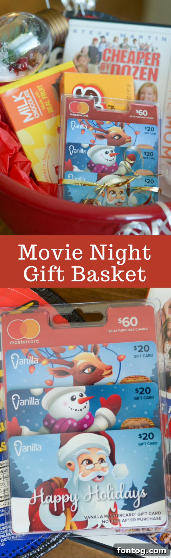 Pinterest Pin for Movie Night Gift Basket Ideas with Gift Cards