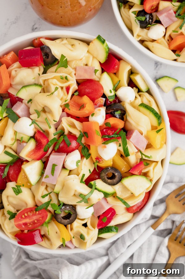Vibrant and colorful tortellini pasta salad with fresh vegetables and ham
