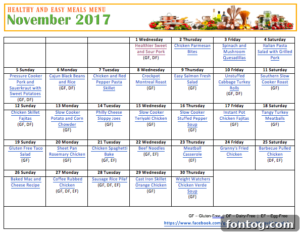 November 2017 Menu Plan, showing a week-by-week layout of dinner and dessert ideas for the entire month