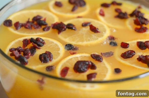 A vibrant pitcher of Cranberry Orange Punch, garnished with fresh cranberries and orange slices, perfect for holiday entertaining.