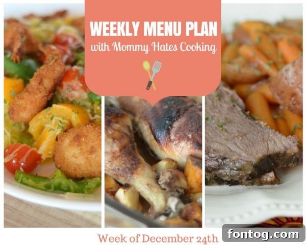 Holiday Feast Planner December 24th Week 2 A beautifully arranged weekly menu plan for the holiday week, featuring delicious and easy family meals from Christmas to New Year's.
