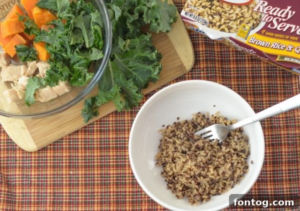 Sweet Potato & Kale Rice Bowl ingredients ready for meal prep