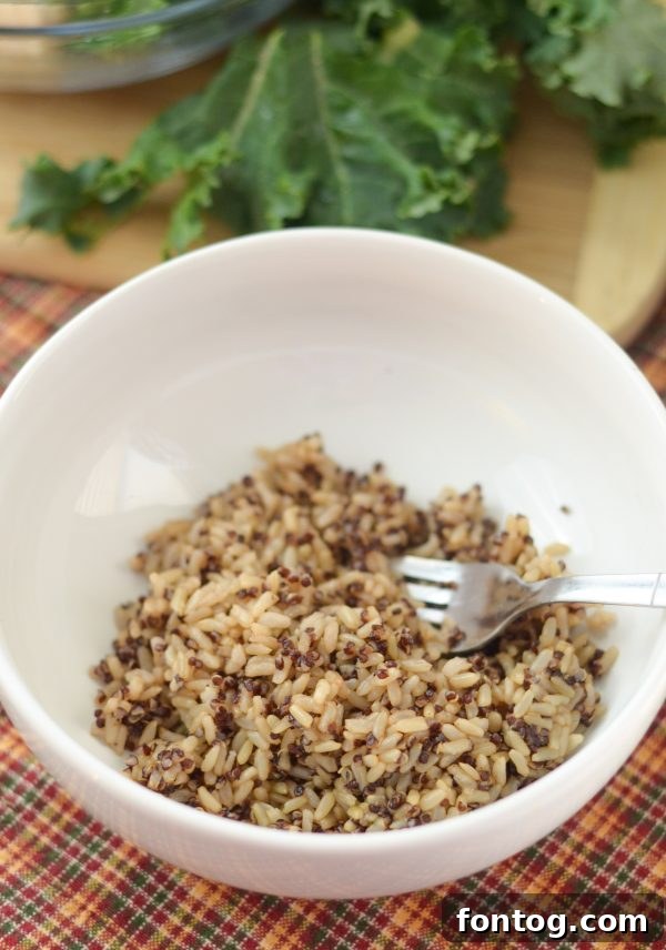 Close-up of a vibrant Sweet Potato & Kale Rice Bowl