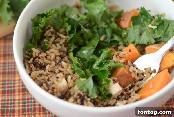 Assembled Sweet Potato & Kale Rice Bowl ready to eat
