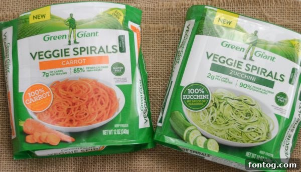 A close-up shot of Green Giant Veggie Spiral bowls, highlighting the vibrant colors and fresh appeal of vegetable noodles as a healthy and convenient meal option.