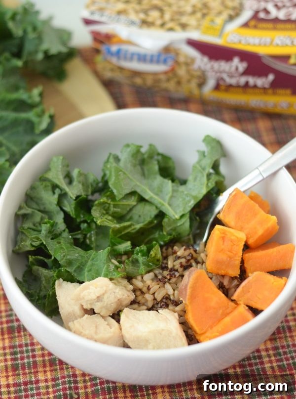 Vibrant sweet potato and kale rice bowl, a healthy and colorful meal idea