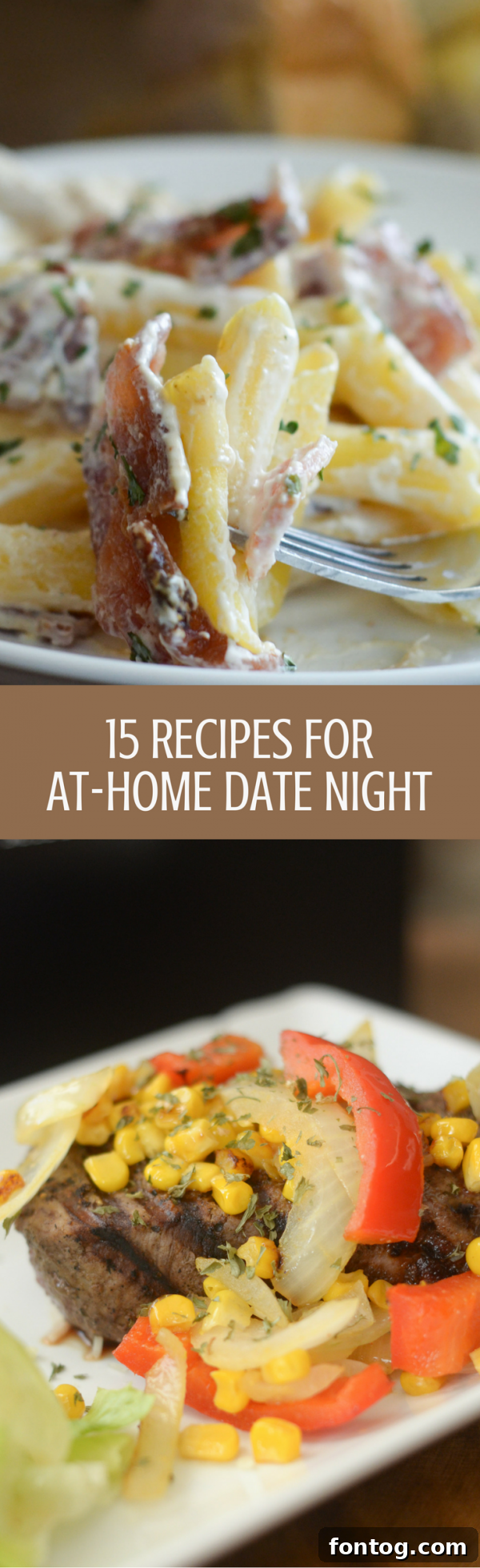 Pinterest graphic featuring '15 Recipes for At-Home Date Night' ideas