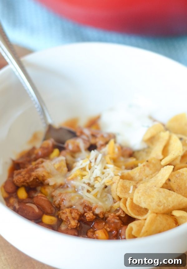 Bowl of hearty Gluten-Free Turkey & Corn Chili, ready for a meal
