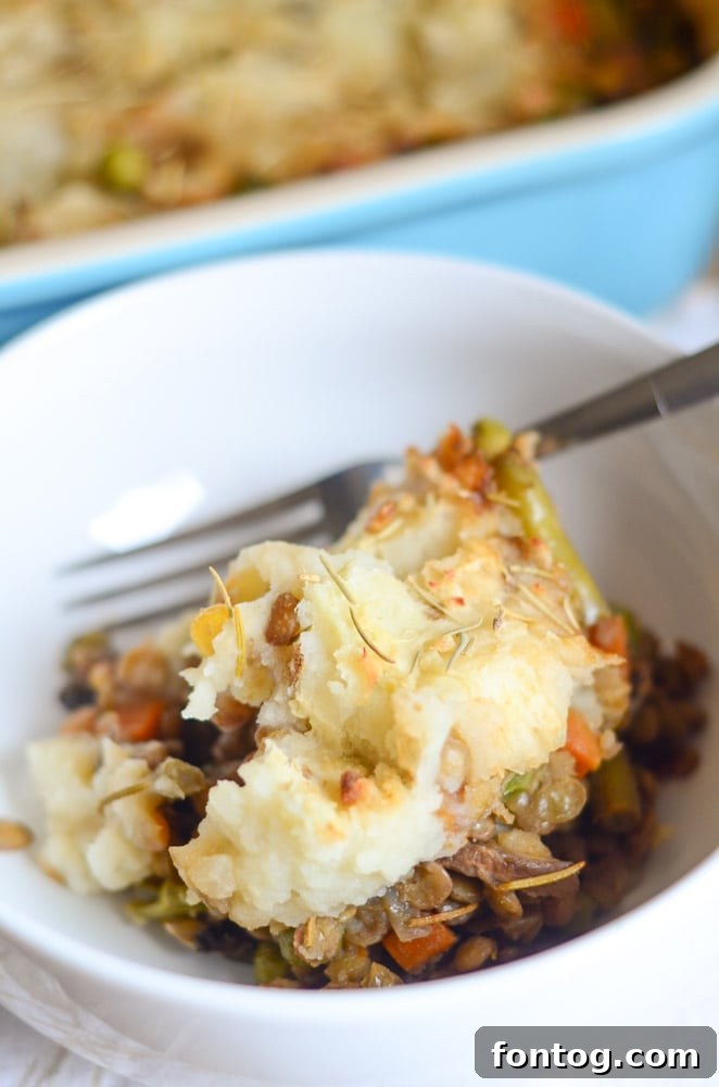 The savory vegan filling for Shepherd's Pie, simmering gently with lentils and mixed vegetables.