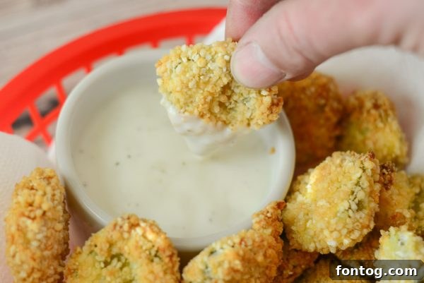 Another view of the Air Fryer Fried Pickles, showing their golden crust and the slightly visible pickle inside.