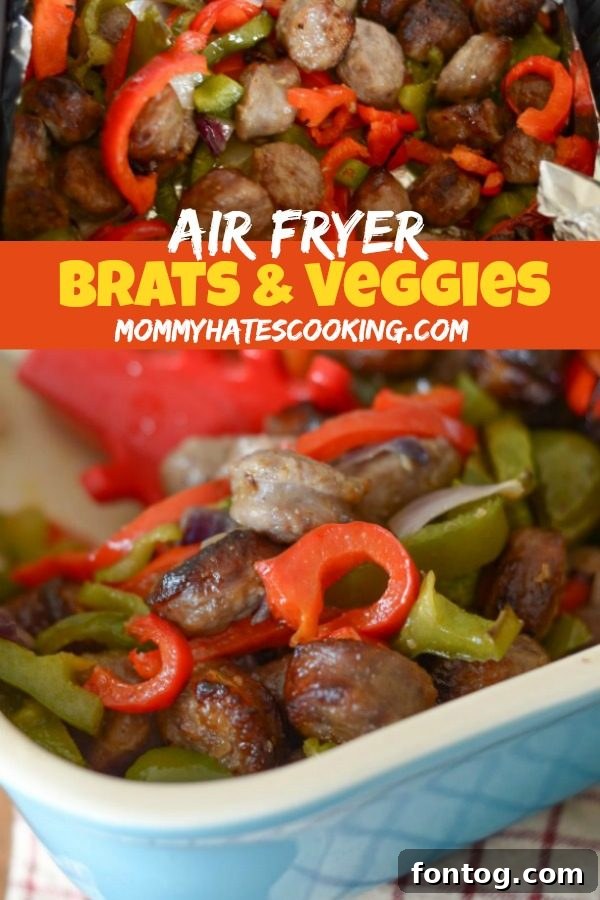 Pinterest graphic for Air Fryer Bratwurst and Vegetables, inviting users to save the recipe