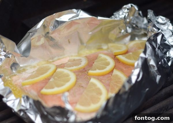 Fresh salmon fillets prepared with lemon slices and herbs before grilling
