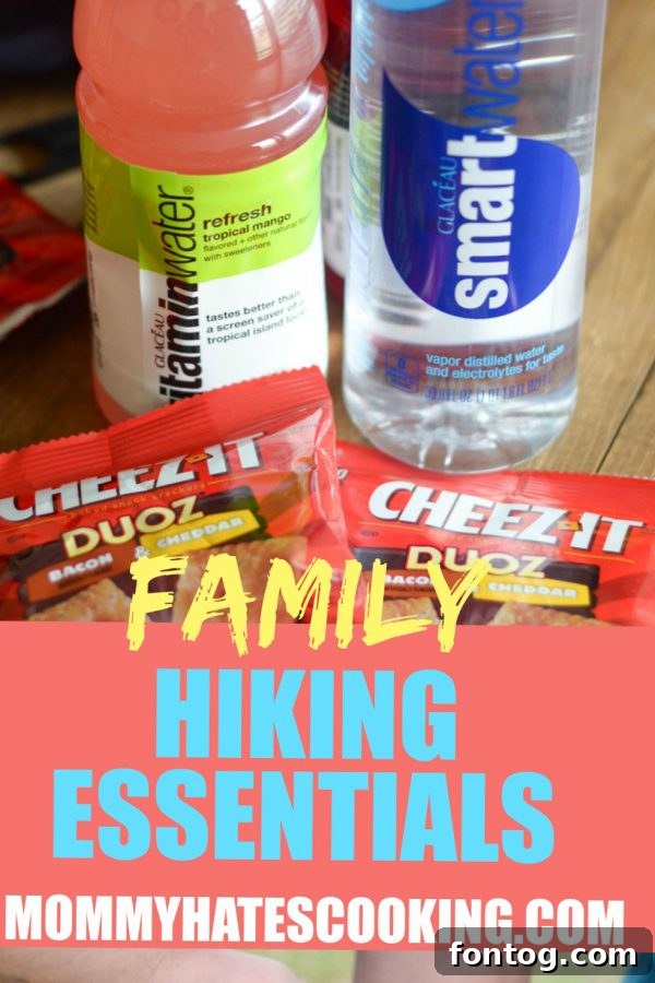 A visually appealing Pinterest graphic titled 'Family Hiking Essentials Checklist', designed to encourage sharing and inspire outdoor adventures.
