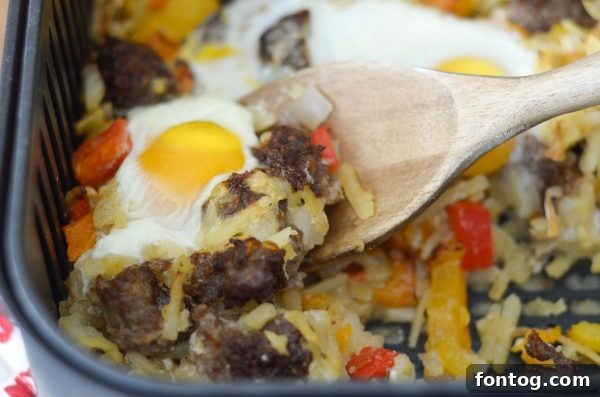 Cooked Air Fryer Sausage Breakfast Casserole, ready to serve