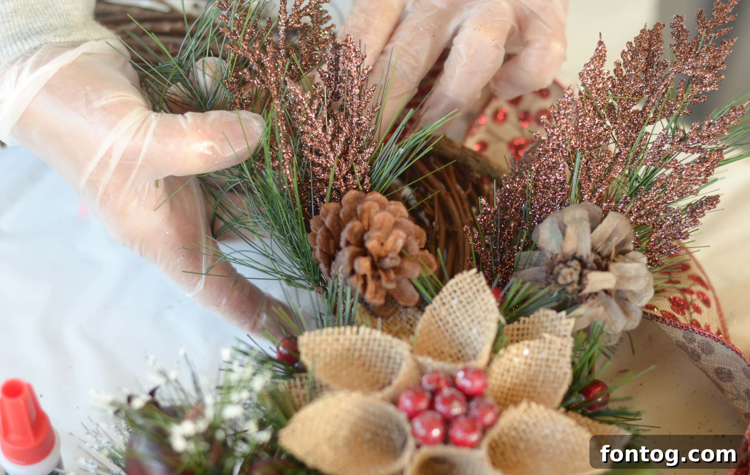 Winter's Rustic Welcome 8 Holiday floral picks and burlap ribbon for wreath design