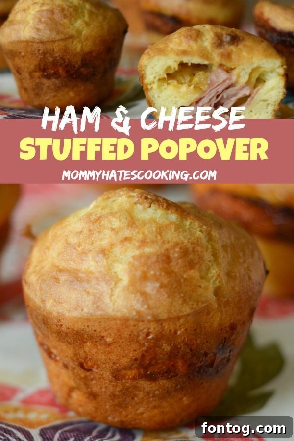 A top-down shot of a fully prepared Ham and Cheese Stuffed Popover, showcasing its golden crust and delicious filling.
