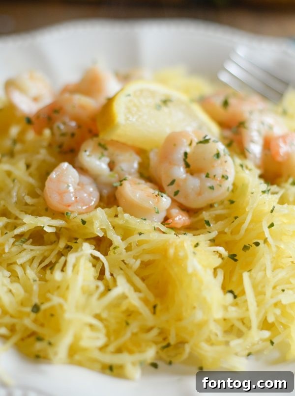 Gluten-Free Shrimp Scampi with Spaghetti Squash, a quick and healthy weeknight dinner solution featuring Gorton's Simply Bake Shrimp.