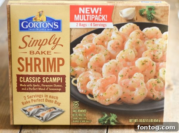 Gorton's Simply Bake Shrimp in Classic Scampi, ready to be prepared for a gluten-free meal with spaghetti squash.