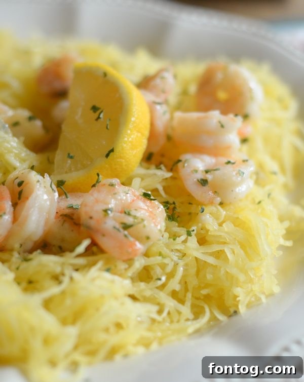 A full plate of Gluten-Free Shrimp Scampi with Spaghetti Squash, ready to be enjoyed as a healthy and satisfying meal.