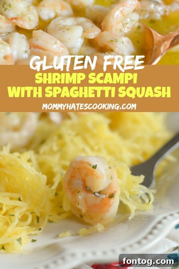 Final plated Gluten-Free Shrimp Scampi with Spaghetti Squash, garnished with lemon and parsley.