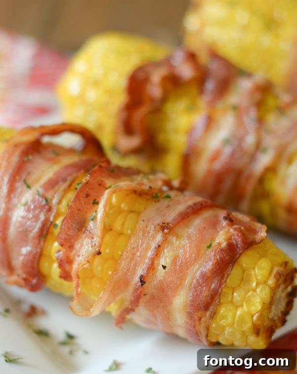 Crispy Air Fryer Bacon Wrapped Corn on the Cob, ready to serve