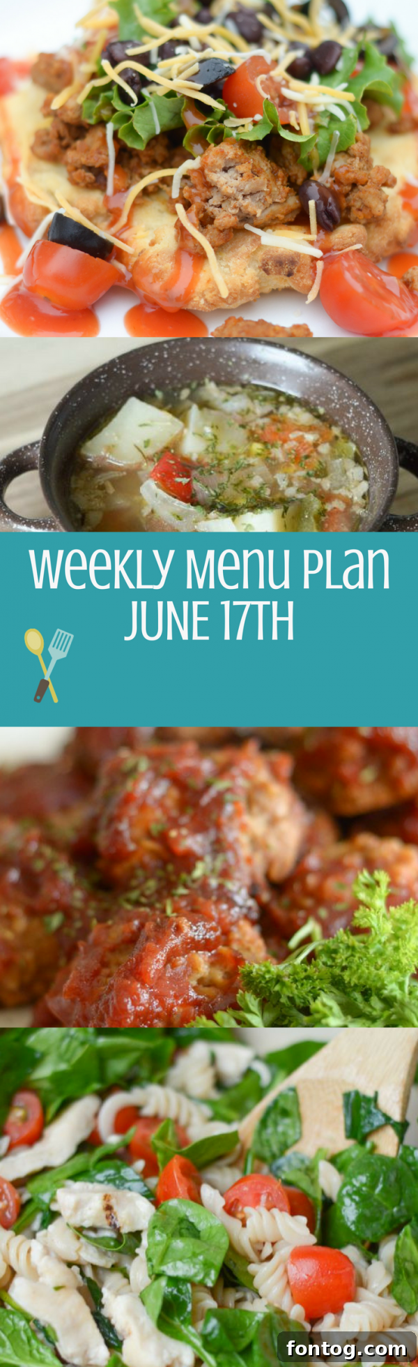 A beautifully designed weekly meal plan graphic with menu ideas for each day, perfect for Pinterest sharing.