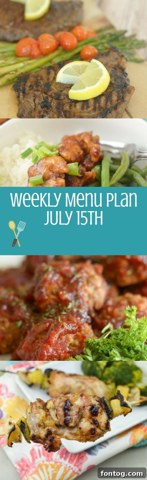 Colorful weekly menu plan graphic with diverse dinner ideas for family meals