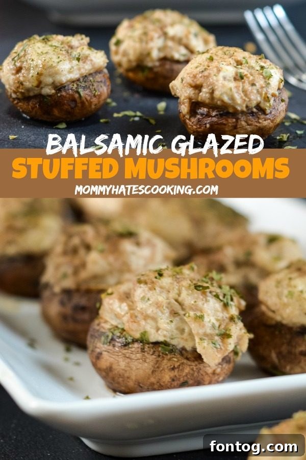 Balsamic Kissed Stuffed Mushrooms 10 Final overhead shot of Balsamic Glazed Stuffed Mushrooms in a rustic setting.