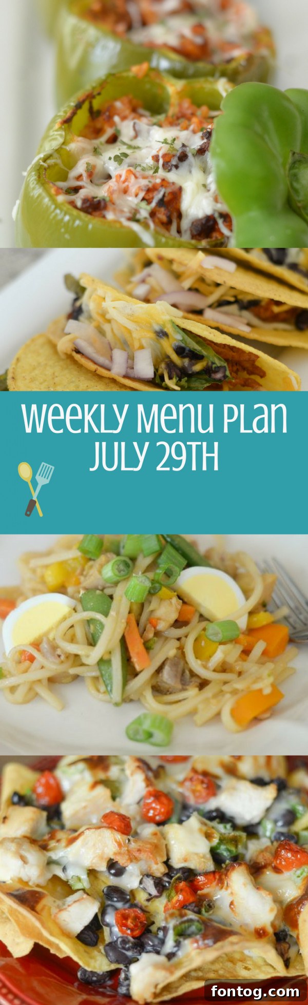 Weekly Menu Plan for July 29th 3 A colorful weekly menu plan template, listing meal ideas for each day.