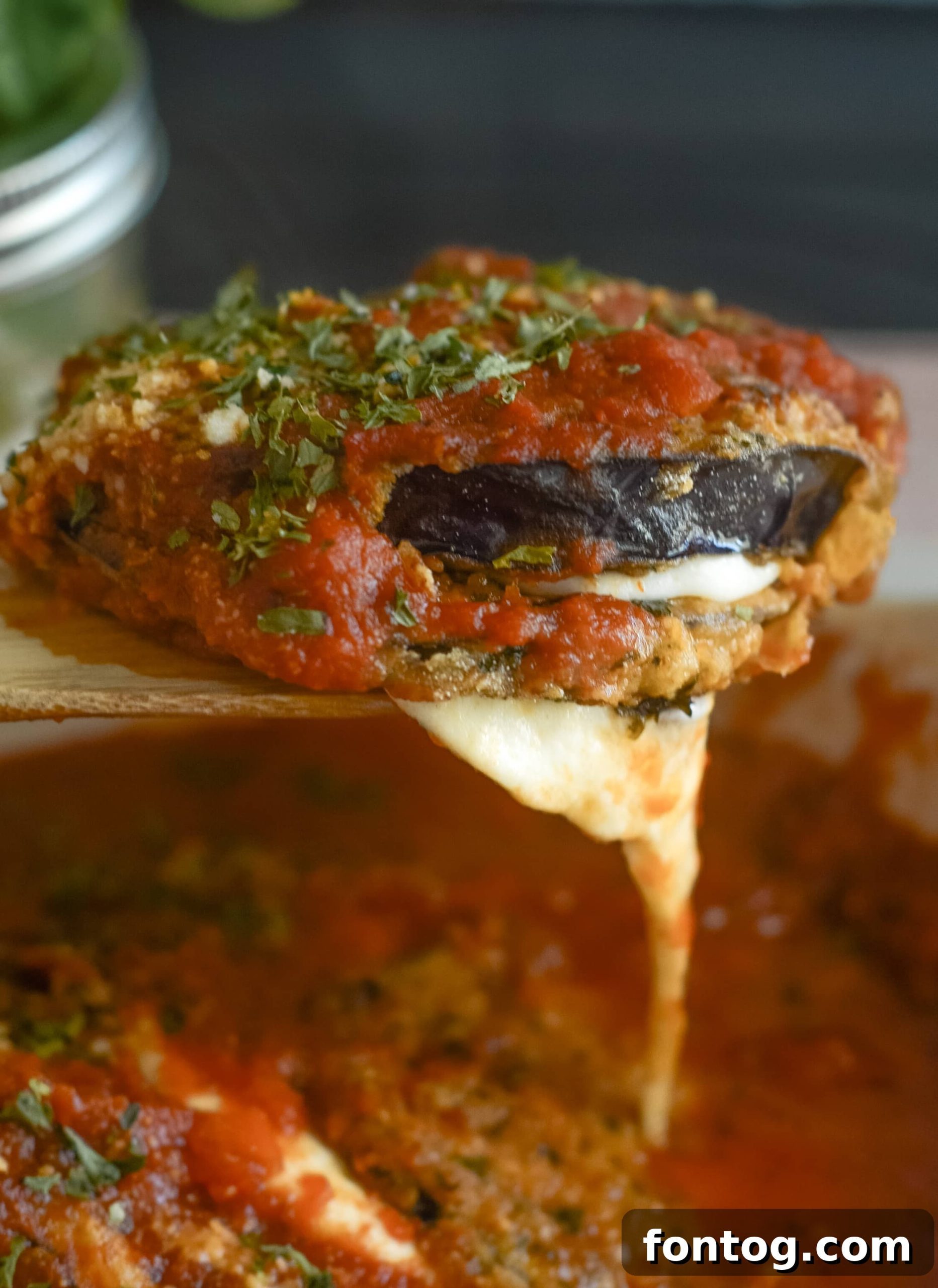 Hero shot of freshly baked Gluten-Free Eggplant Parmigiana