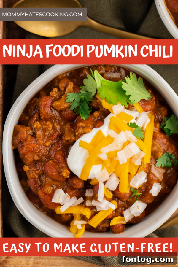 Promotional image for Ninja Foodi Pumpkin Chili recipe, highlighting its ease and deliciousness.