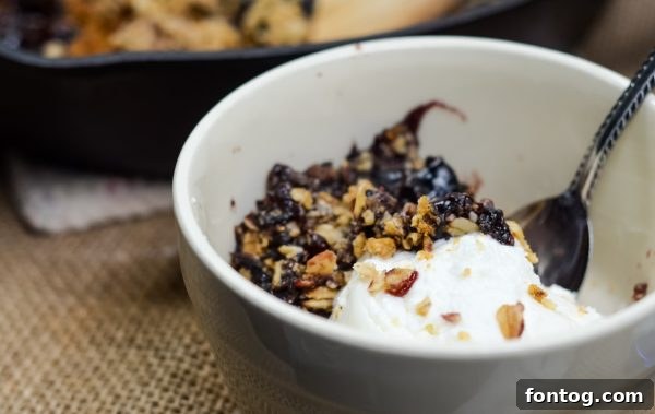 A scoop of Black Currant Crisp served with a creamy topping.