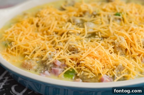 Frittata baking dish with ham, stuffing, and cheese